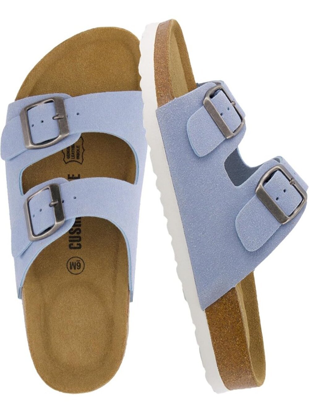 Women's Blue Suede Footbed Sandals Comfort Double Buckle Two Strap Flats Shoes